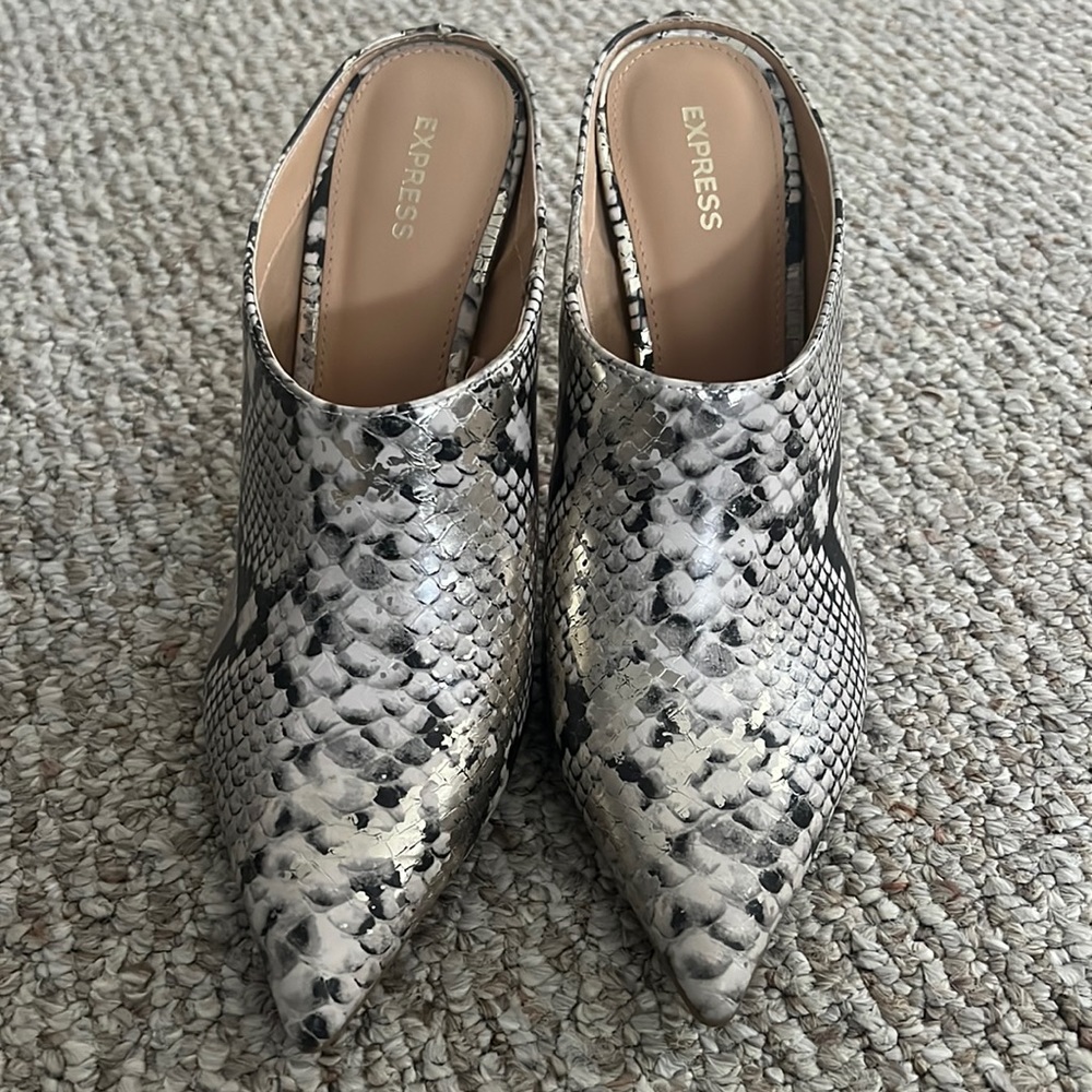 Express Snake Print Stiletto Mules Size 10